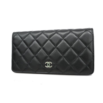 Chanel bi-fold long wallet matelasse lambskin black silver metal