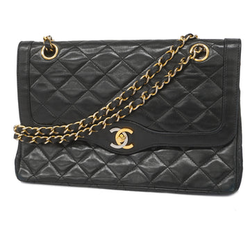 CHANELAuth  Matelasse Paris Limited W Flap W Chain Leather Shoulder Bag Black