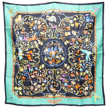 HERMES PIERRES D ORIENT ET OCCIDENT Oriental Stone and Western Stonework Carre 90 Large Scarf Shawl Stole Ladies Floral Bird Pattern Silk 100% Black/Green/Multicolor 88x88cm