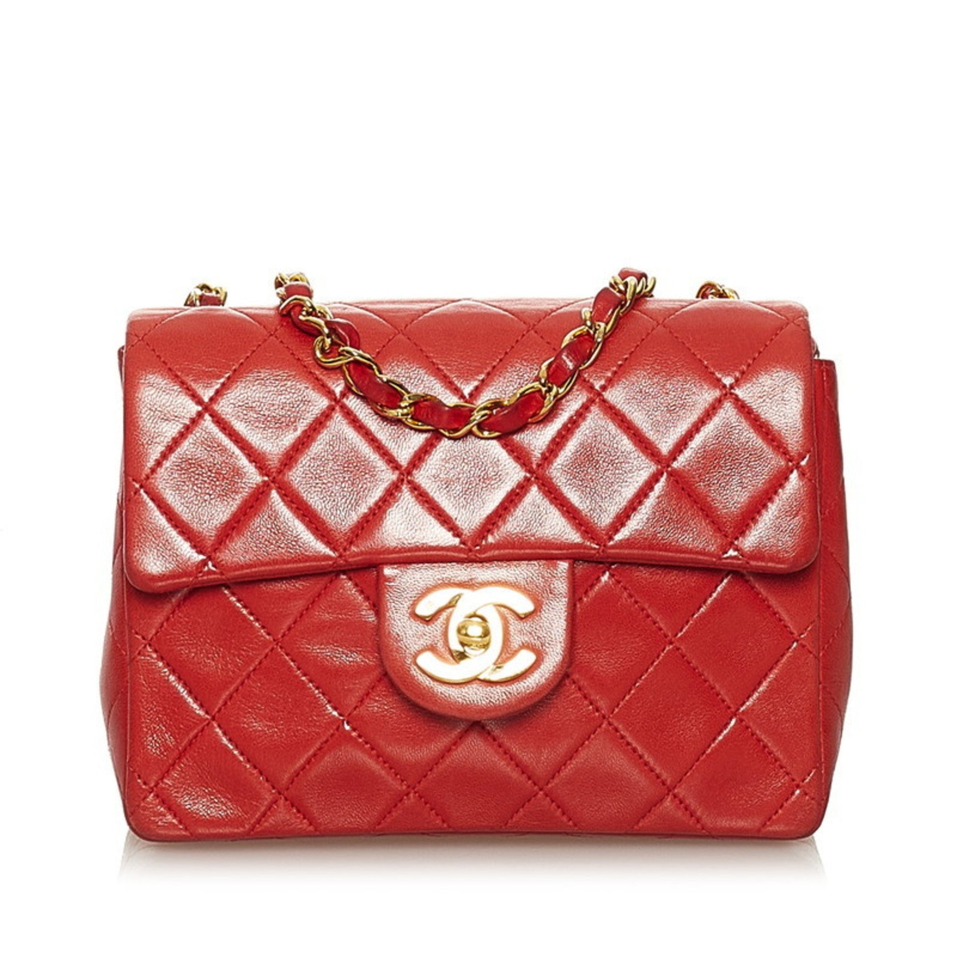 Chanel Mini Matelasse Coco Mark Chain Shoulder Bag Red Gold Lambskin L