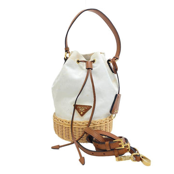 PRADA Wicker Bucket Triangle Plate Handbag White Ladies Z0005118