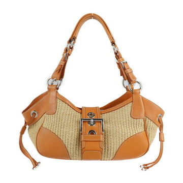 Prada handbag BR2928 straw leather natural orange silver metal fittings tote bag one shoulder triangle logo plate
