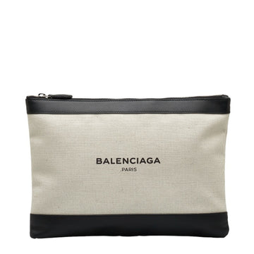 BALENCIAGA Navy Clip M Second Bag Clutch 420407 Ivory Black Canvas Leather Ladies