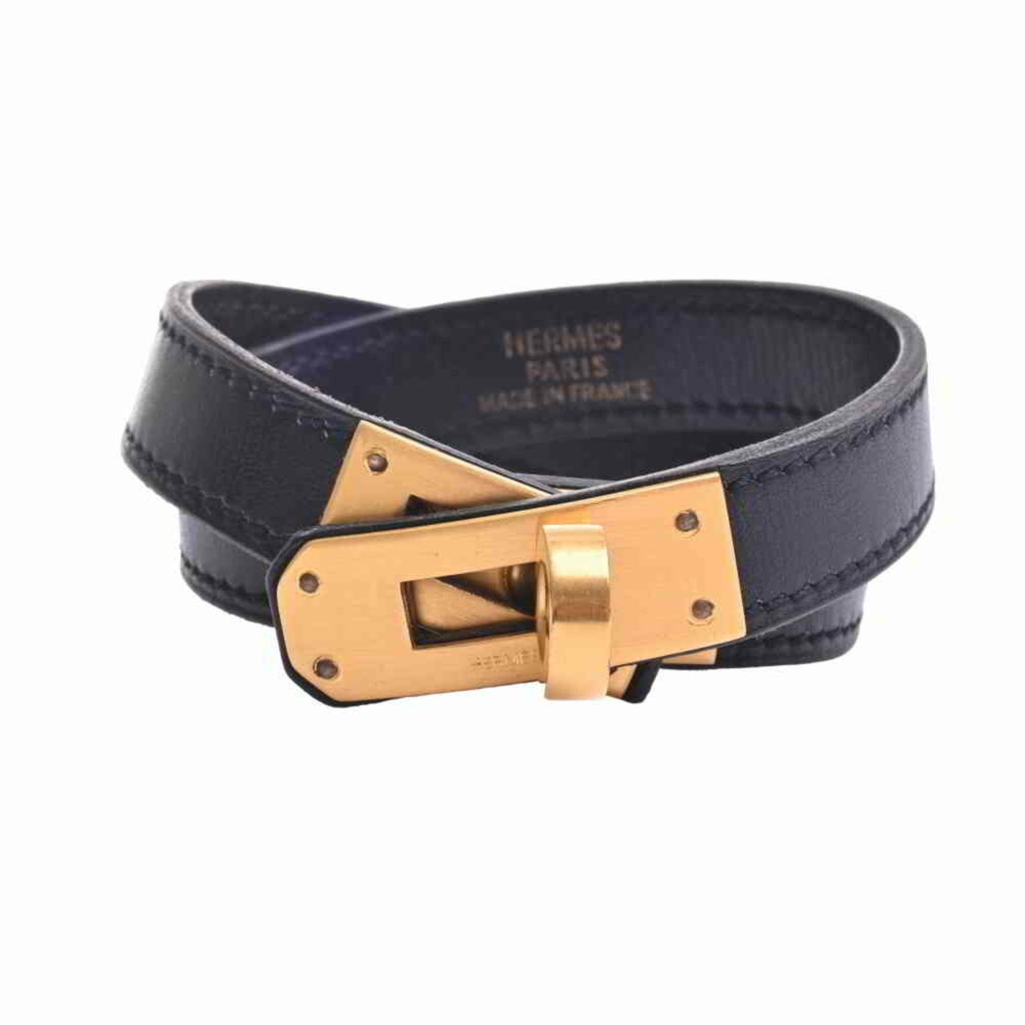 Hermes Black Leather Wrap Around Bracelet with Gold... - Depop
