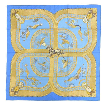 HERMES Carre90 VOITURES PANIERS Horse Carriage Scarf Muffler Silk Blue Yellow