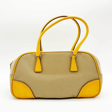 PRADA Handbag Tote Bag Handheld Triangle Logo Beige Yellow Canvas Leather Ladies Fashion Brand USED