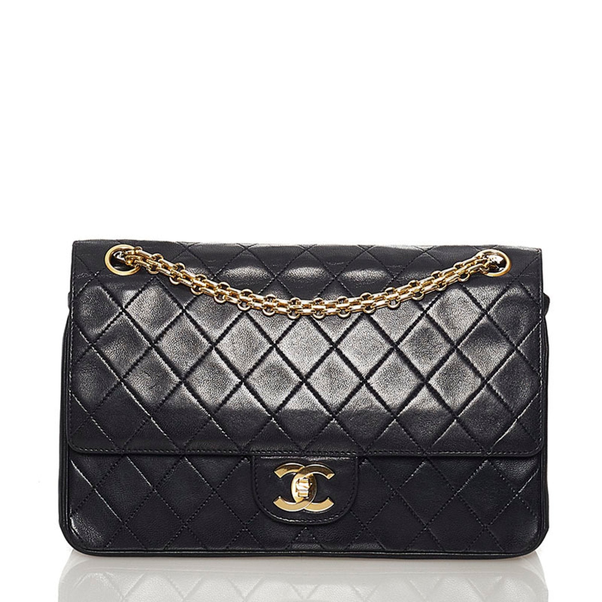 Chanel Matelasse Coco Mark Double Flap Chain Shoulder Bag Black Lambsk