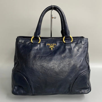 PRADA metal fittings leather nylon handbag tote bag navy blue 26224