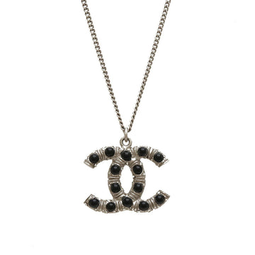 CHANEL Cocomark Necklace Pendant Metal Rhinestone Black Stone Silver 08C