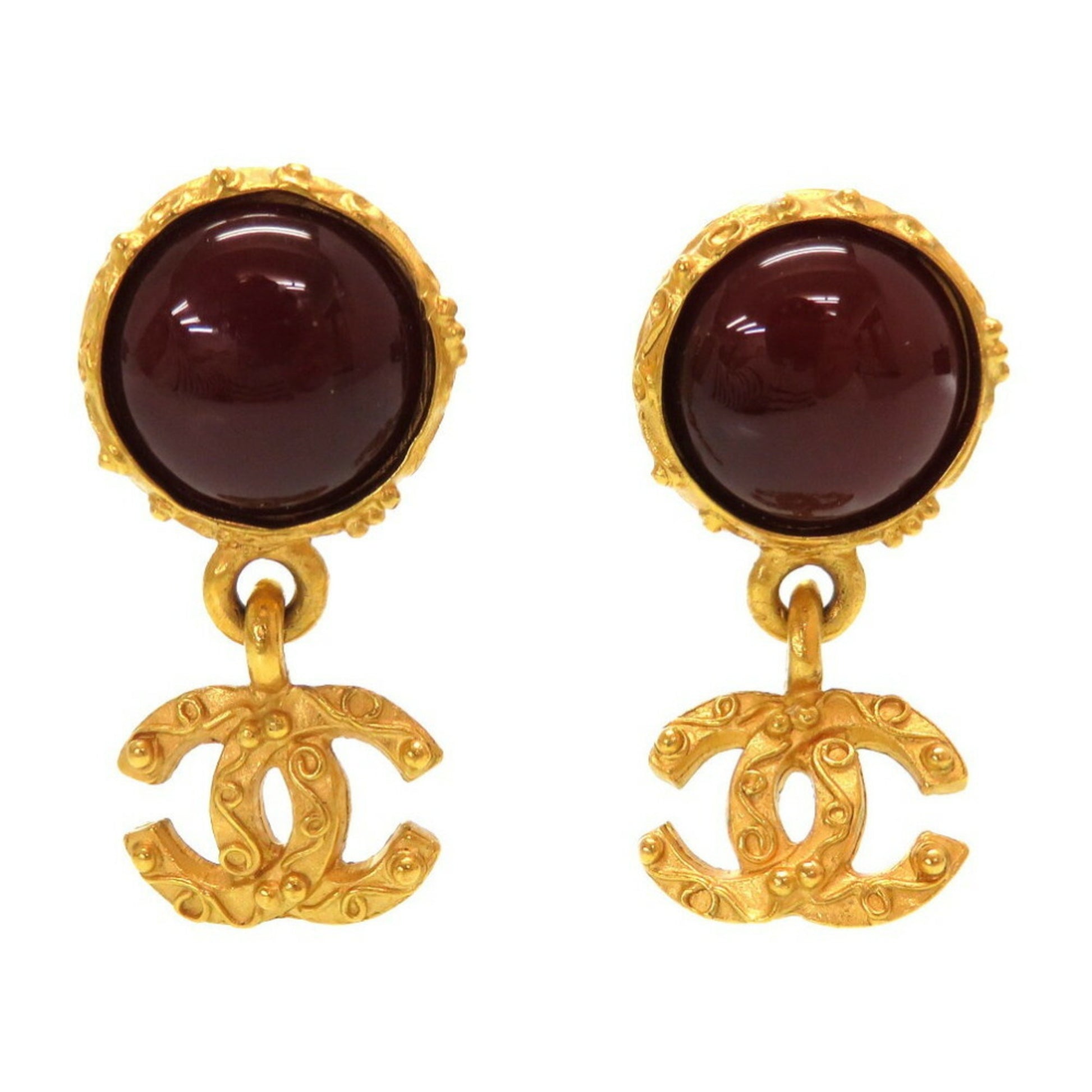 Chanel Coco Mark Color Stone Gold Earrings Wine Red Accessories