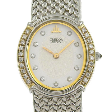 SEIKO Credor Diamond Bezel 5A70-3000 GSWE982 Stainless Steel x K18 Yellow Gold Silver Quartz Women's White Dial Watch