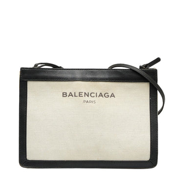 BALENCIAGA Navy Pochette Shoulder Bag 339937 White Black Canvas Leather Women's