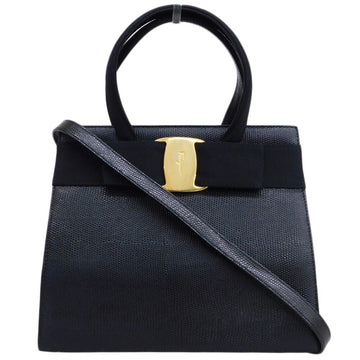 SALVATORE FERRAGAMO Rose Ribbon Handbag Bag Leather Black AQ 214178