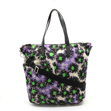 PRADA tote bag shoulder flower print nylon leather black purple multicolor B4696F