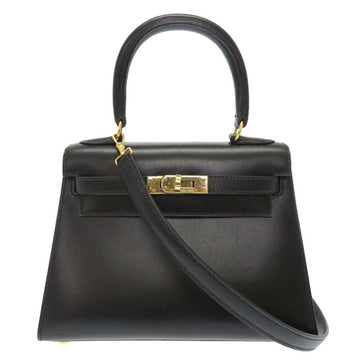Hermes Mini Kelly Box Calf Black ??? F Engraved Handbag Bag with Strap 0044 HERMES 20