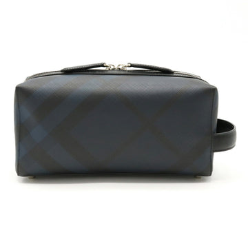 Burberry check pattern clutch bag second handbag PVC leather navy dark blue black 4068331