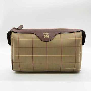 BURBERRYs 's Clutch Bag Second Khaki Brown Check Canvas Leather Men's Women's
