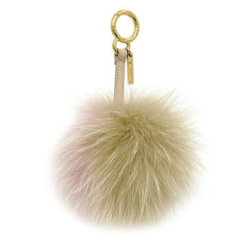 FENDI Charm Pink Beige Gold 7AR259 Fur  Bag Round Key Ring Keychain Women's Pompon Leather Strap