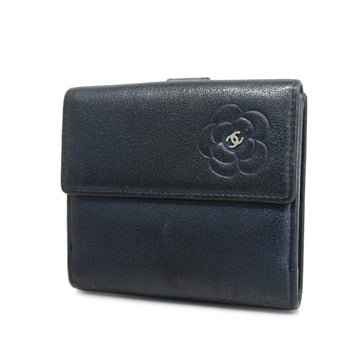 CHANELAuth  Camellia Bi-fold Wallet With Silver Hardware Women's Leather Wallet [bi-fold] Navy