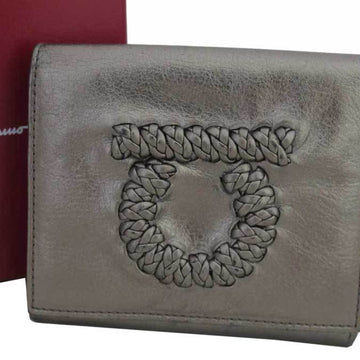 SALVATORE FERRAGAMO Wallet Gancio Metallic Gray Goal Leather Bi-Fold W Hook Women's Men's