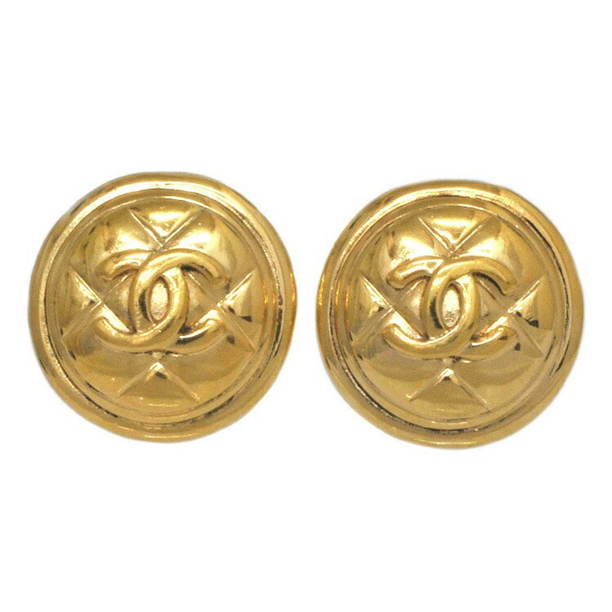 Chanel Earrings Gold Matelasse GP CHANEL Coco Mark Round Button Engrav