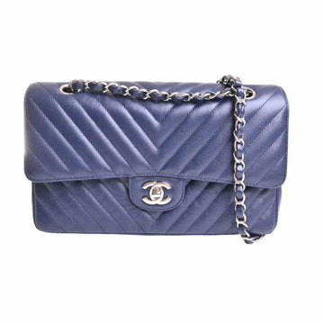 Chanel Caviar Skin V Stitch Coco Mark W Flap Chain Shoulder Bag Navy