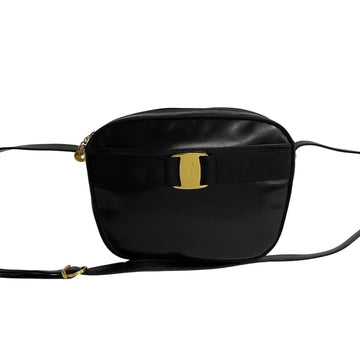 SALVATORE FERRAGAMO Vara Logo Leather Genuine Mini Shoulder Bag Pochette Black 17174