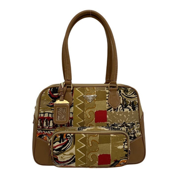 PRADA Triangle Logo Metal Fittings Venice Pattern Canvas Leather Genuine Handbag Mini Boston Bag Beige 09120