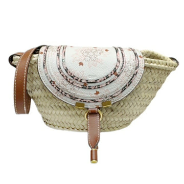 CHLOeChloe  Mercy Small Basket Shoulder Bag Floral Leather Raffia Ladies Ivory Pink Brown