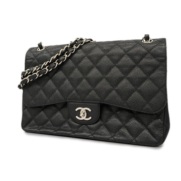 CHANELAuth  Matelasse W Flap W Chain Women's Caviar Leather Shoulder Bag Black