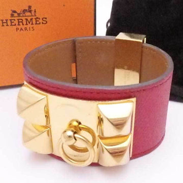 HERMES bracelet Collierd cyan red leather x gold metal fittings