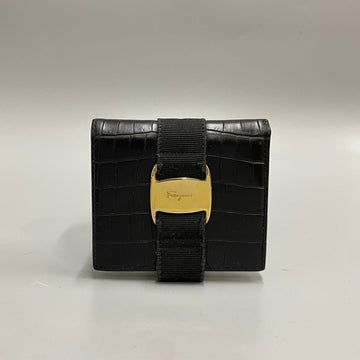 SALVATORE FERRAGAMO Vara Ribbon Logo Hardware Leather Genuine Bifold Wallet Mini Black