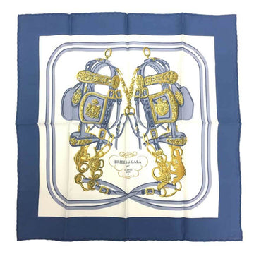 HERMES Carre 45 Scarf Muffler BRIDES de GALA [ceremonial bridle] White x Blue 100% Silk
