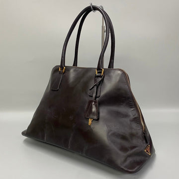 PRADA Triangle Logo Hardware Leather Genuine Handbag Tote Bag Mini Boston Dark Brown 19523