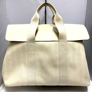 HERMES Valparaiso MM L engraved Made in 2008 Toile Chevron Ladies Leather Canvas White system With pouch France Handbag Silver metal fittings
