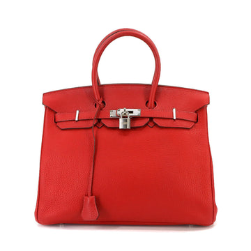 HERMES Birkin 35 Hand Bag Taurillon Clemence Rouge Cazac P Engraved Silver Hardware