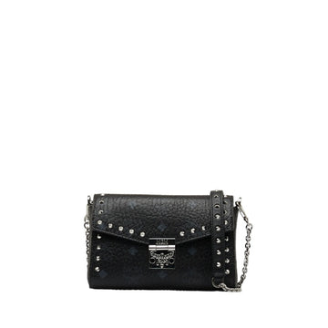 MCM Visetos Glam Studded Chain Shoulder Bag Black PVC Leather Women's