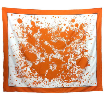 HERMES Pareo Stole Shawl Cheval Surprise [Unexpected Horse] Cotton 100% White x Orange Bed Cover Sofa Multi
