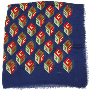 GUCCI Stole Large Navy Fringe G Cube Print Rayon Silk