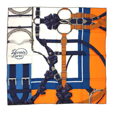 HERMES Carre 90 Scarf Muffler Grand Manege [detail] Large Torture Art Belt Pattern H d ORIGNY Silk 100% White x Blue Orange