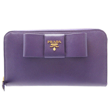 PRADA 1M0506 Saffiano Leather Ribbon Purple Round Long Wallet 0016