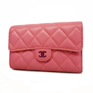 Chanel Matelasse Tri-fold Wallet Gold Metal Fittings Lambskin Pink,Yellow