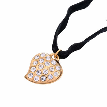 YVES SAINT LAURENT Rhinestone Heart Motif Choker Necklace Gold Women's