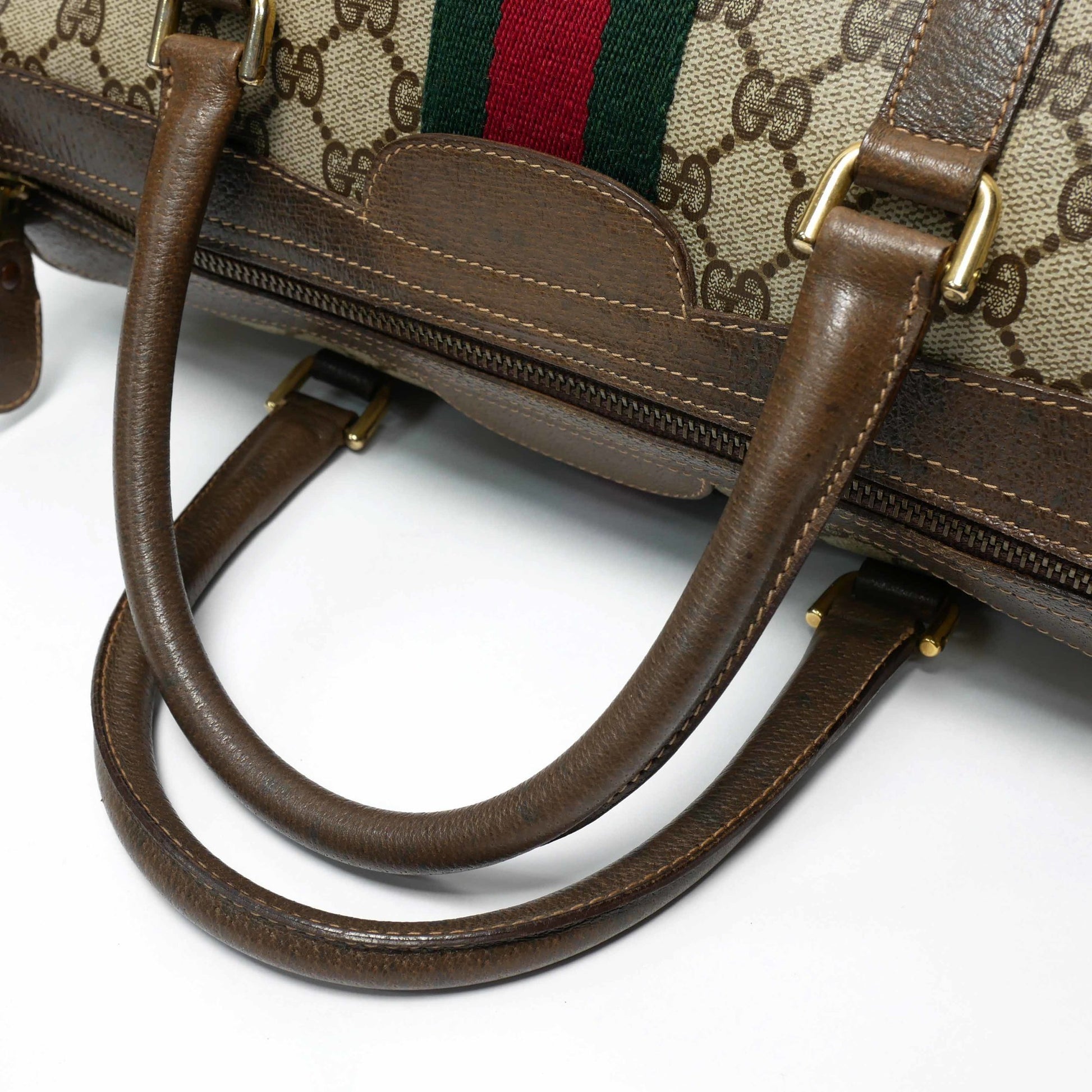 Authenticated Used GUCCI Old Gucci Vintage Mini Boston Bag Handbag Barrel  Unisex 1970's 70'S Sherry Line GG Pattern/Leather Gold Hardware Brown/Beige  