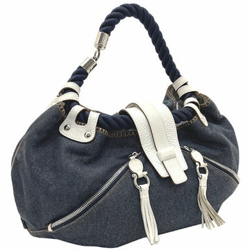 SALVATORE FERRAGAMO Handbag Gancini One Handle Bag Canvas Leather Navy Blue White 21 7326 Rope Tassel Shoulder Back