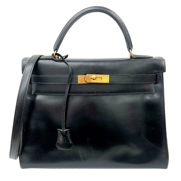 HERMES Kelly 32 Inner Stitch Box Calf 〇W Engraved Black Gold Metal Fittings 2WAY Shoulder Handbag Ladies