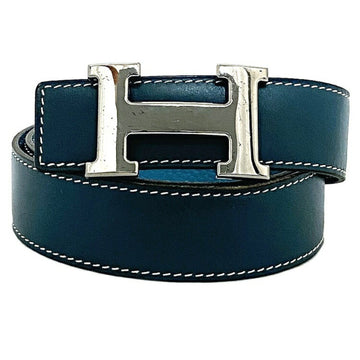 HERMES H Belt Blue Silver Constance Leather Taurillon Clemence Box Calf Muffler H Engraved Made in 2004  30mm Waist Reversible Ladies