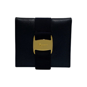 SALVATORE FERRAGAMO Vara Ribbon Metal Fittings Logo Leather Genuine Bifold Wallet Mini Navy