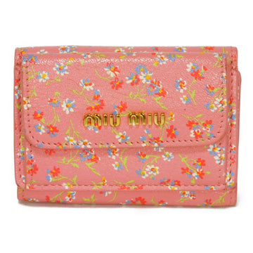 MIU MIUMIU Trifold Wallet Compact Flap Madras Flower Floral Pattern Multicolor Logo Goatskin Pink 5MH021 Ladies Bill Purse