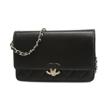 CHANELAuth  Matelasse Chain Wallet With Silver Metal Women's Leather Black
